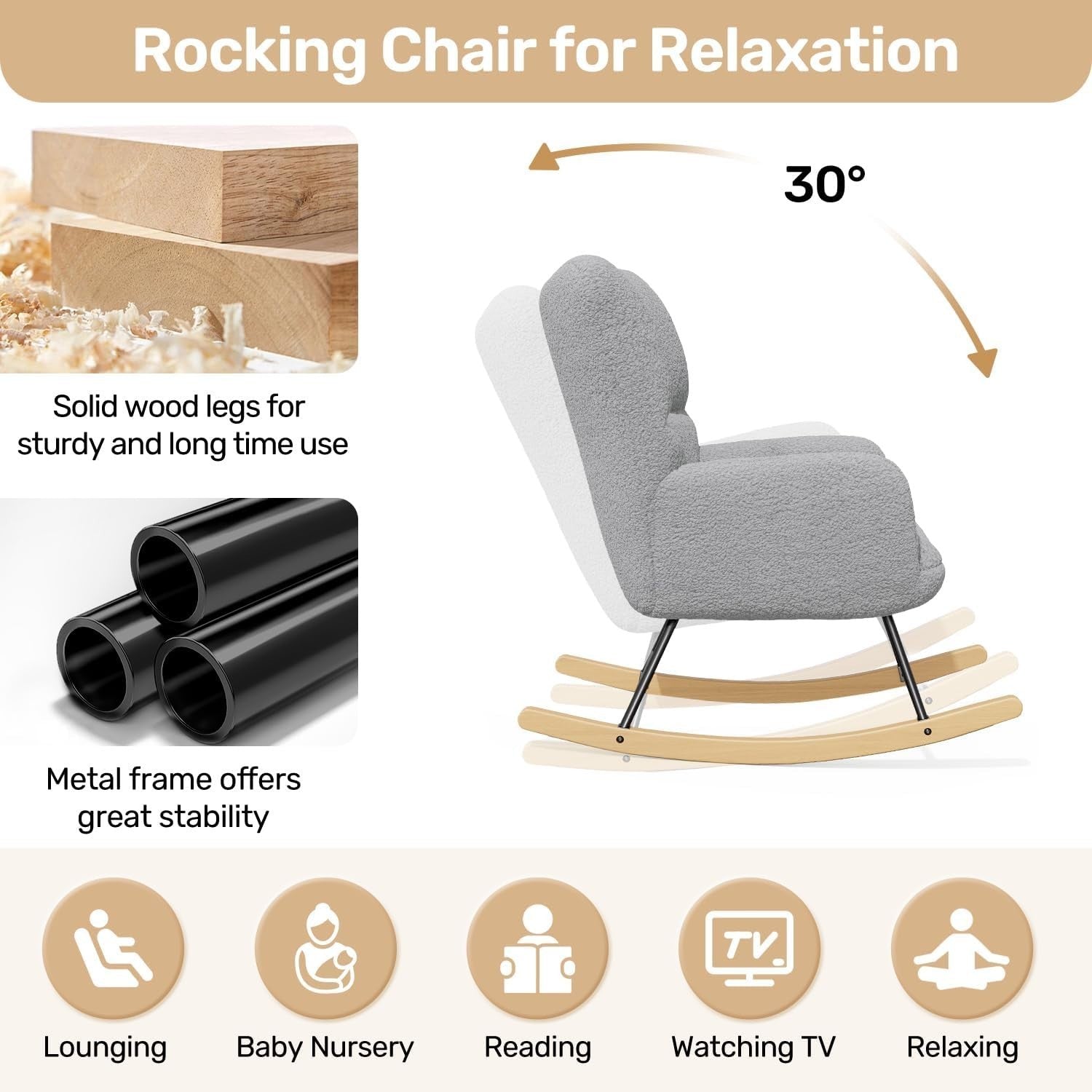 Lambswool Rocking Chair Grey Armchair High Back Comfy Nursery Lounge Seat