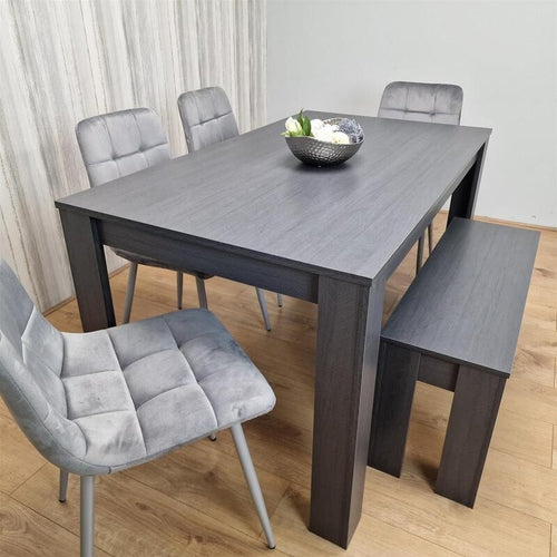 6 Seater Dining Table Set with Bench & 4 Grey Chairs – Modern Wood Effect