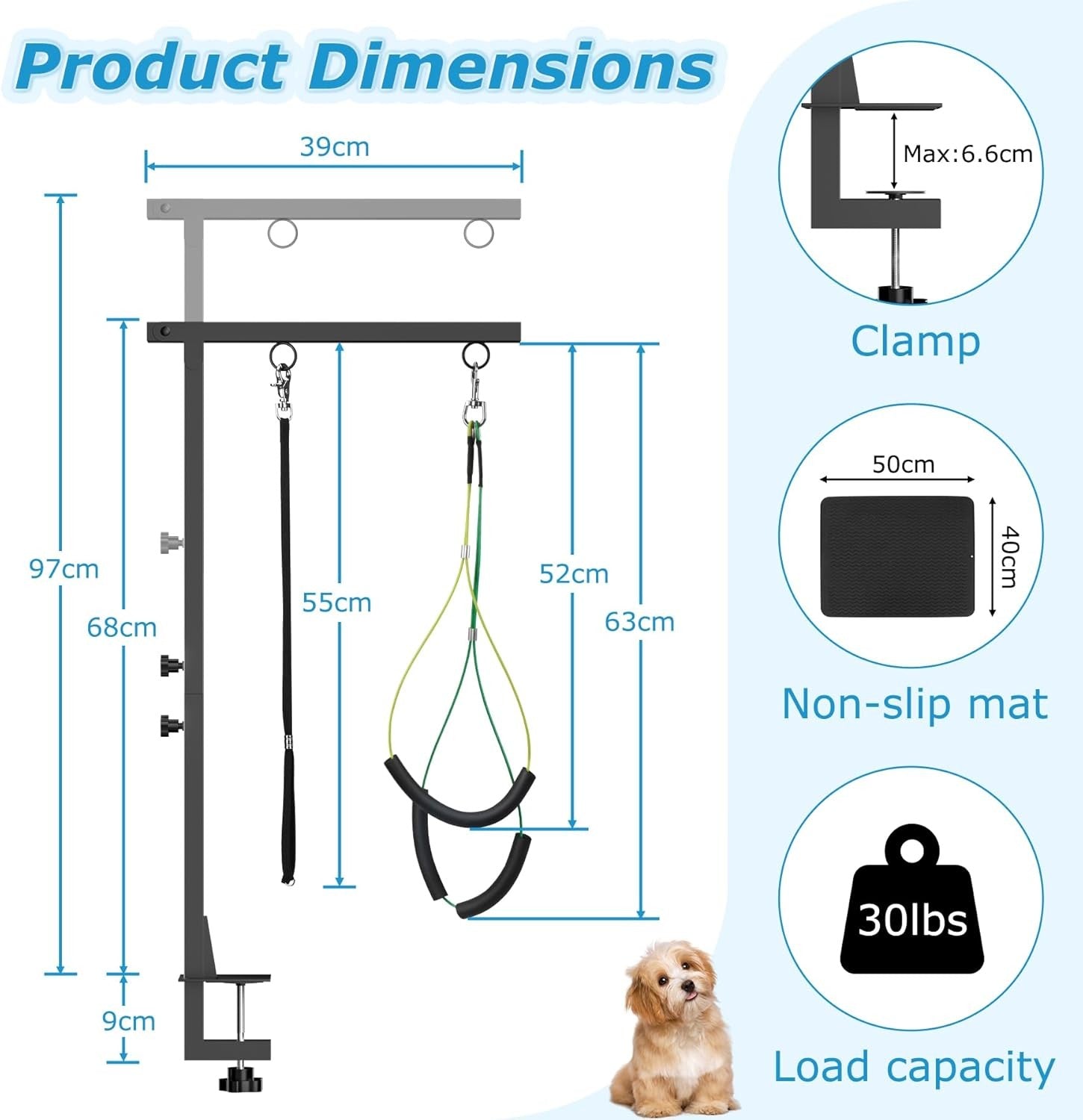 Dog Grooming Arm Clamp Adjustable Height Non Slip Pad Loop No Sit Holder