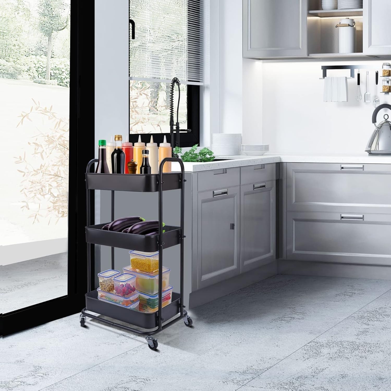 3 Tier Storage Trolley on Wheels Slim Metal Rolling Cart Lockable