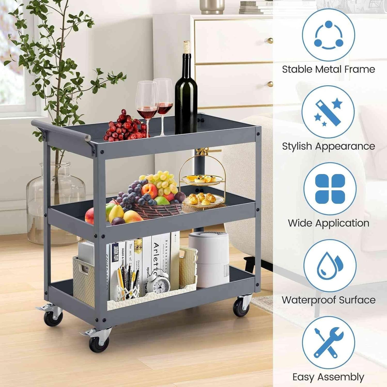 3-Tier Rolling Tool Cart Grey 76W x 38D x 78H cm Steel Mobile Trolley