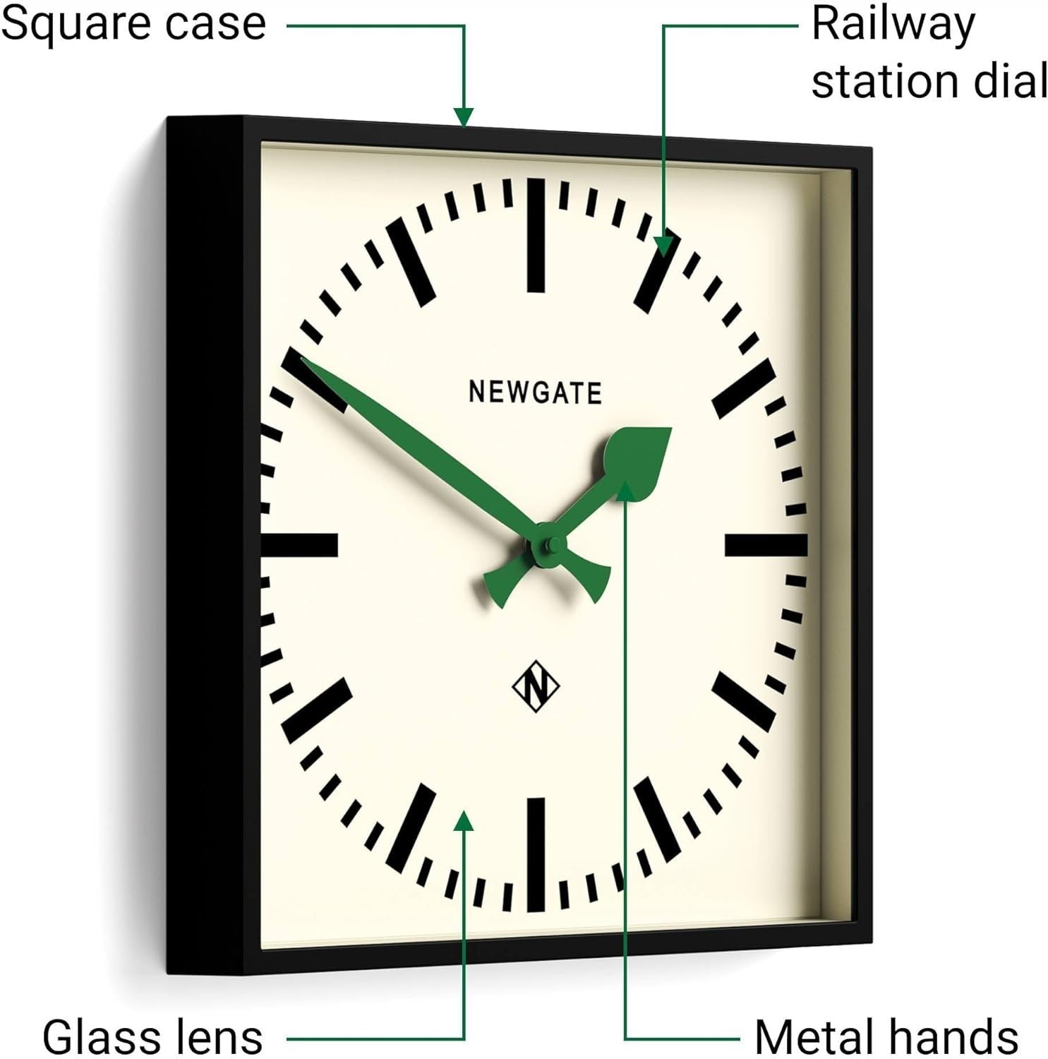 40cm Silent Retro Square Wall Clock Green Hands Modern Kitchen Office Decor