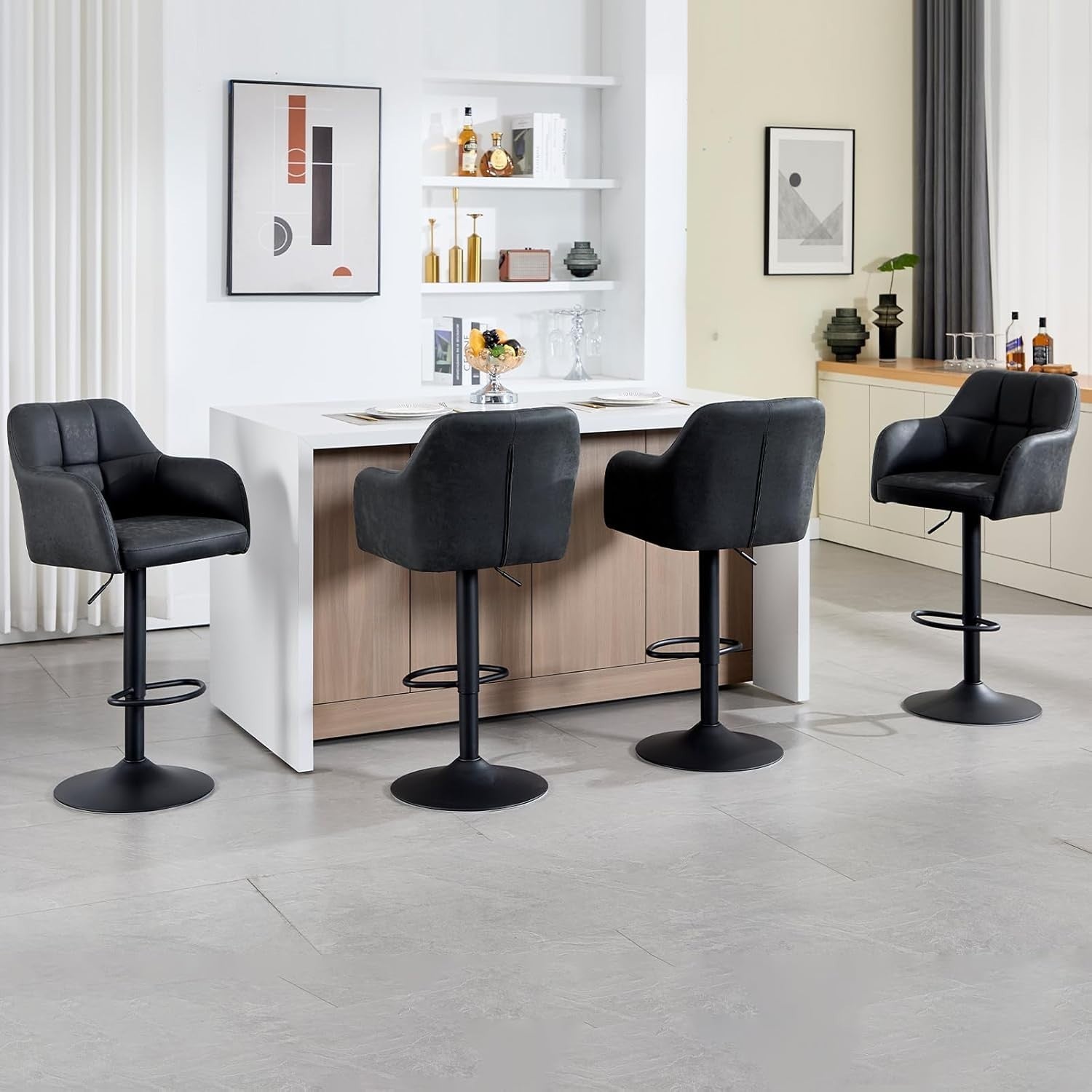 Set of 2 Dark Grey PU Leather Swivel Bar Stools Adjustable Height Modern