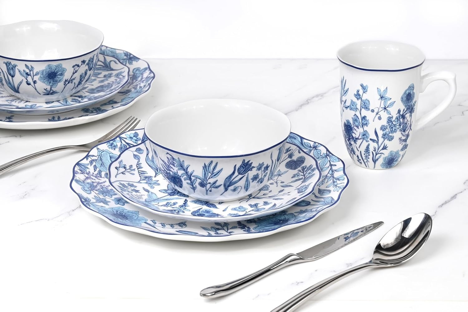 16pc Porcelain Dinnerware Set Blue Floral Plates Bowls Mugs Dishwasher Safe