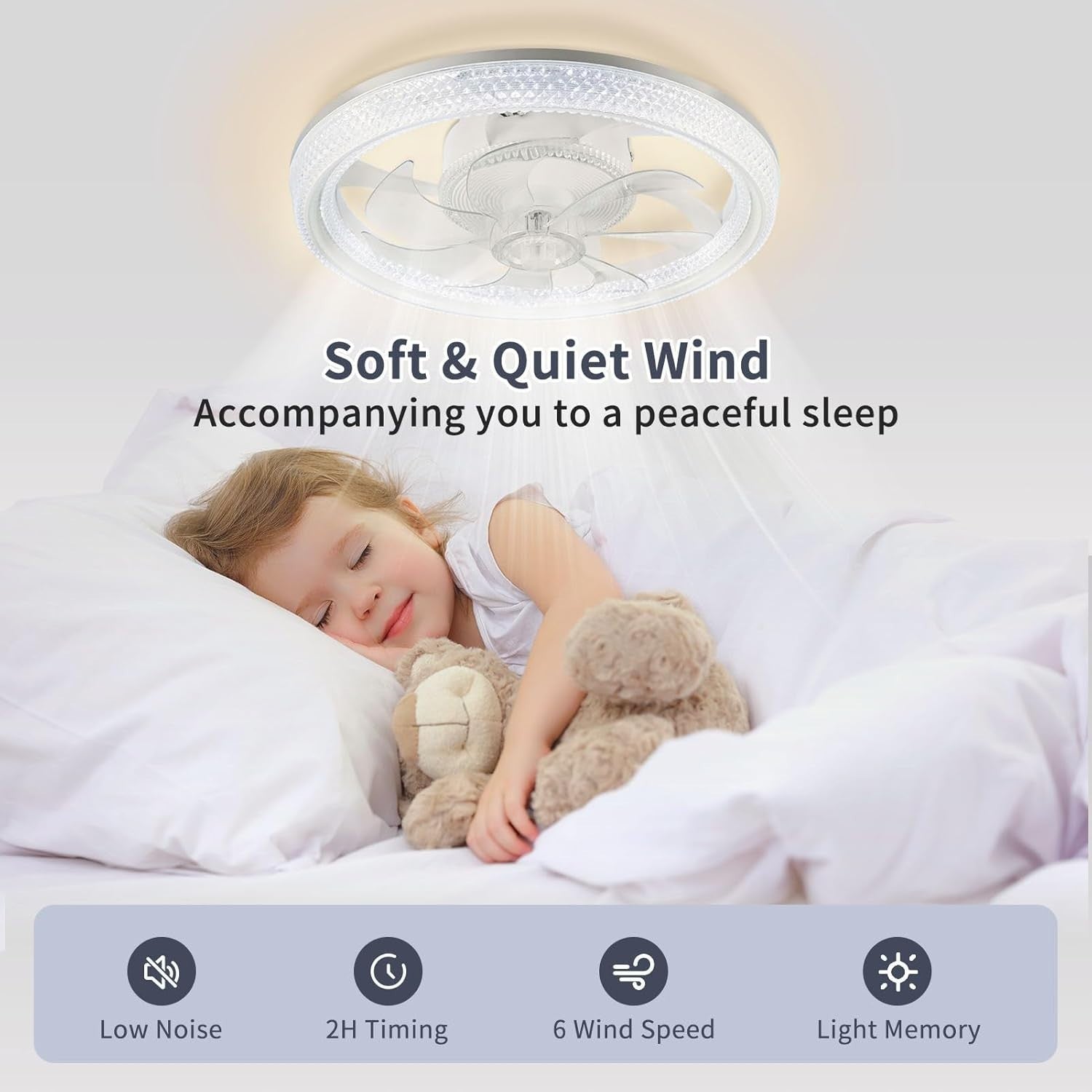 Bellanny 48CM Ceiling Fan, 6 Speeds, Dimmable LED, Reversible, Quiet Motor