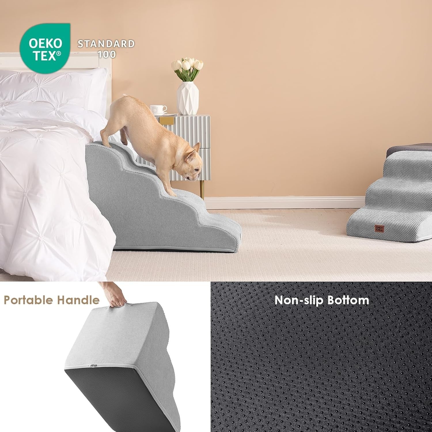 4 Step Dog Stairs for High Bed Non Slip Foam Pet Washable Grey
