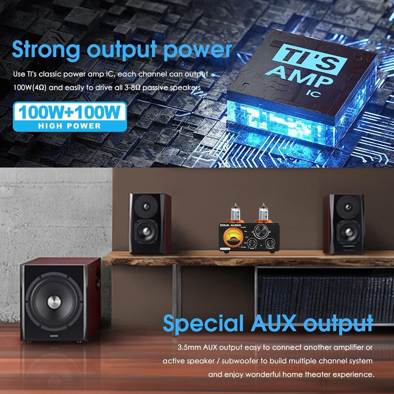 200W Mini Tube Bluetooth HiFi Amplifier VU Meter Stereo DAC USB OPT