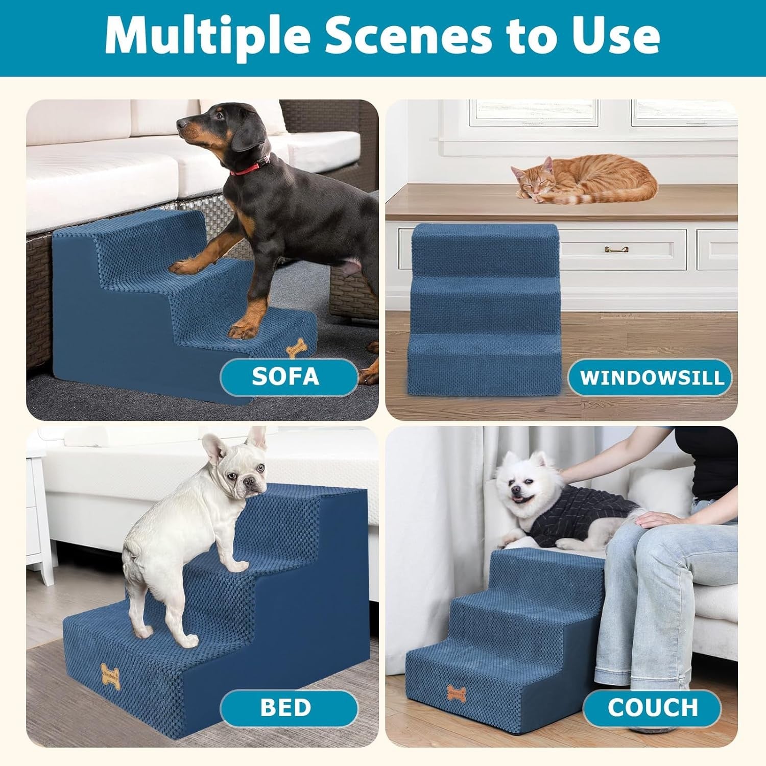 3-Step Dog Stairs Non-Slip Pet Ramp for Small Dogs Cats Blue