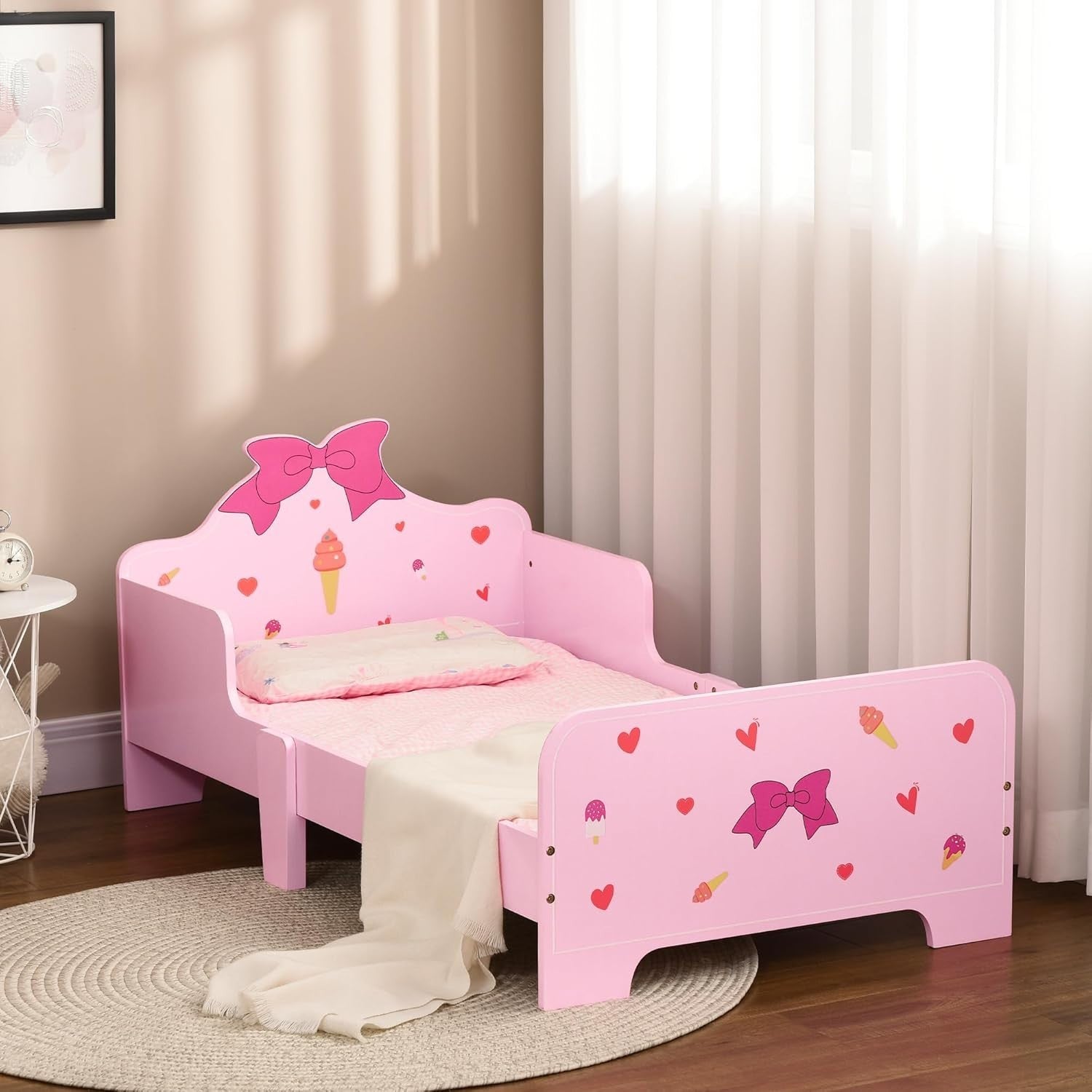 Kids Toddler Bed with Safety Rails Wooden Low Frame Girls Bedroom Princess Pink
