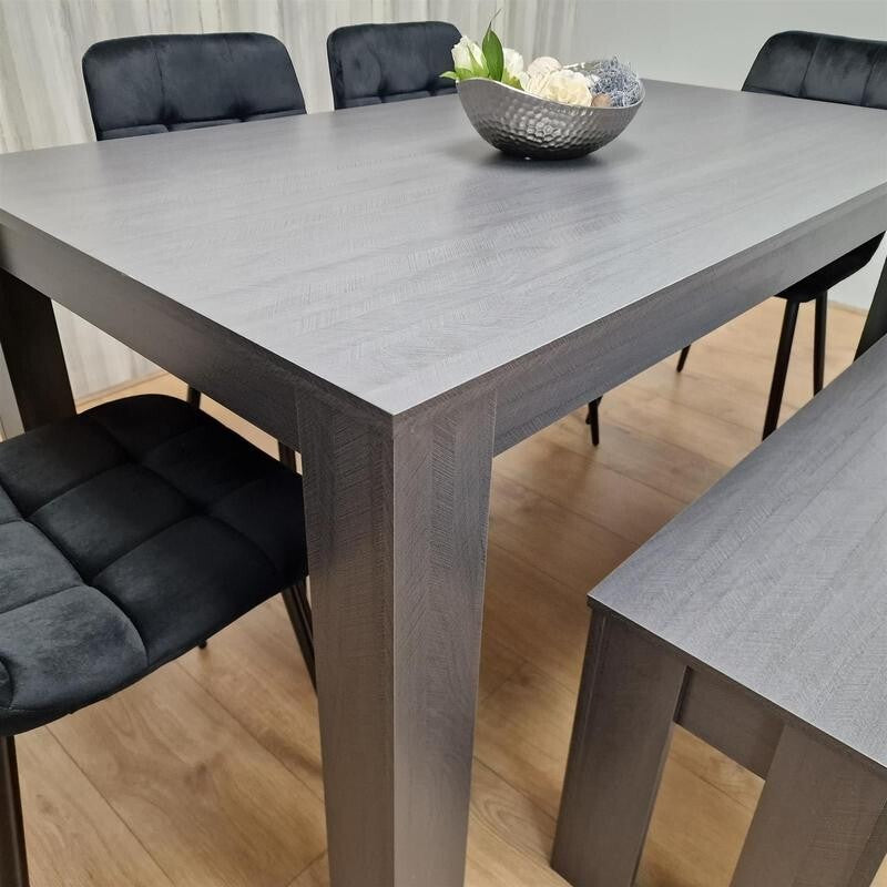 6 Seater Dining Table with 4 Black Chairs & Bench – Dark Wood Kitchen Set