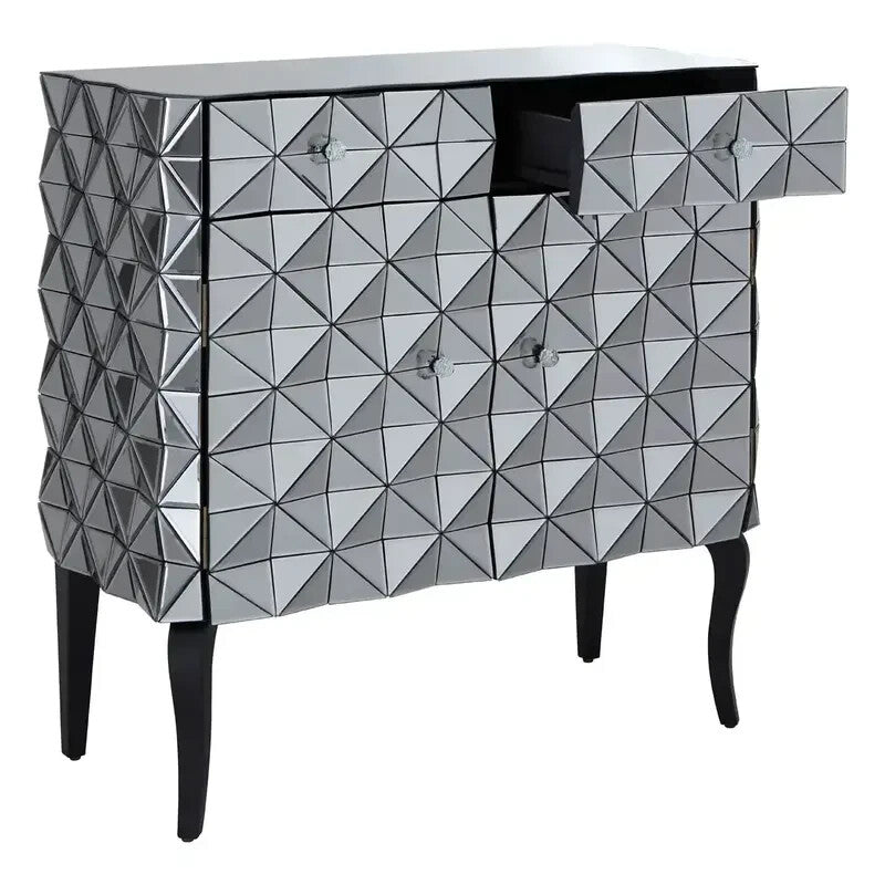 Silver Mirrored Cabinet Modern Geometric Storage Unit with 3D Design