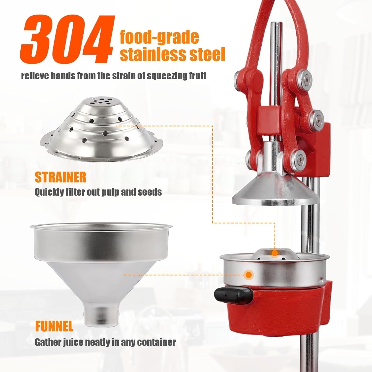 Professional Manual Citrus Juicer Cast Iron High Yield Easy Clean Red