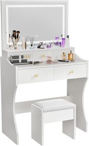 Vanity Dressing Table Set W/ LED Light Mirror Stool 5 Drawers White Compact