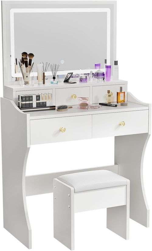 Vanity Dressing Table Set W/ LED Light Mirror Stool 5 Drawers White Compact