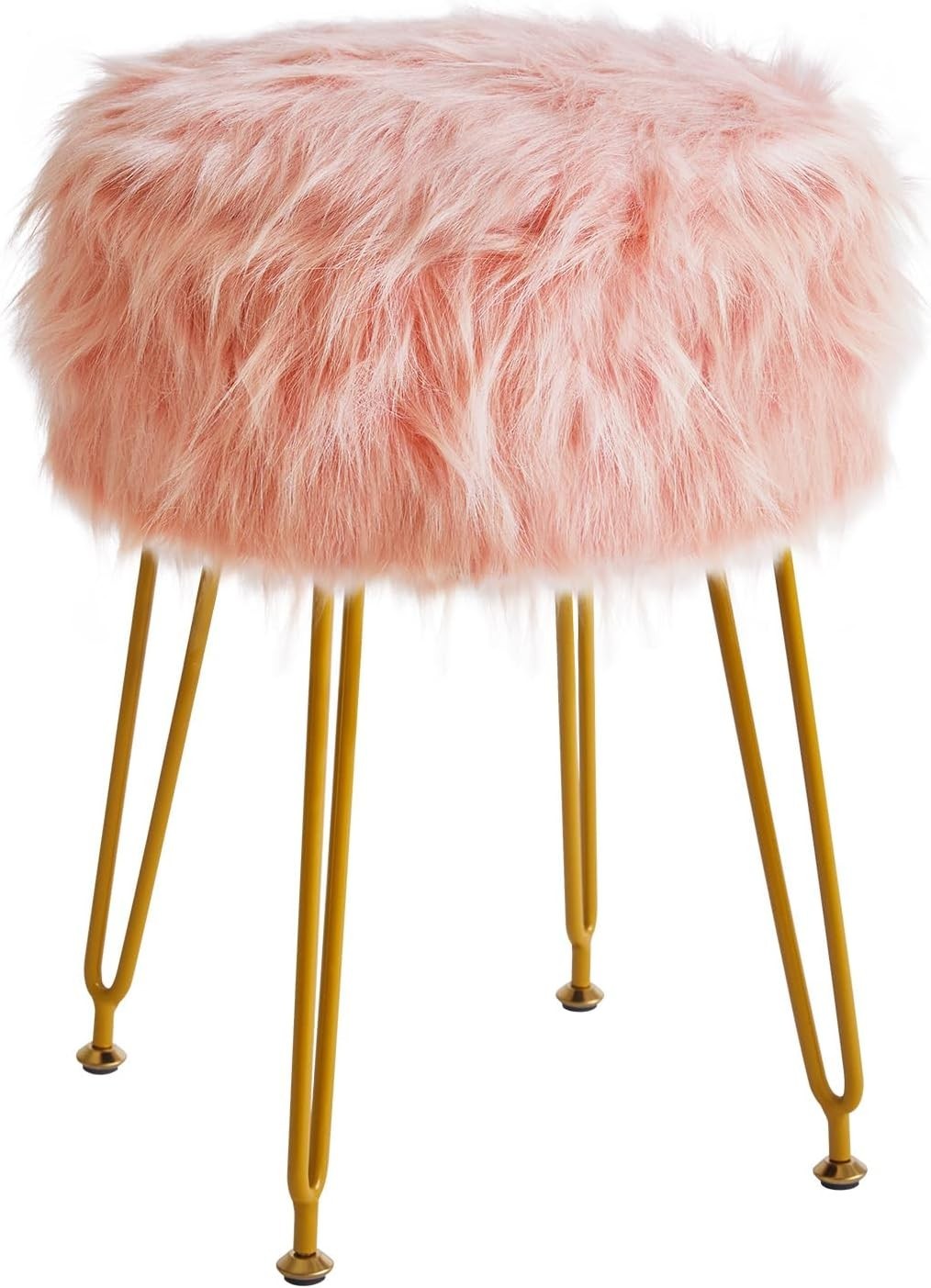 Pink Furry Round Vanity Stool with Storage – Soft Faux Fur Ottoman Seat