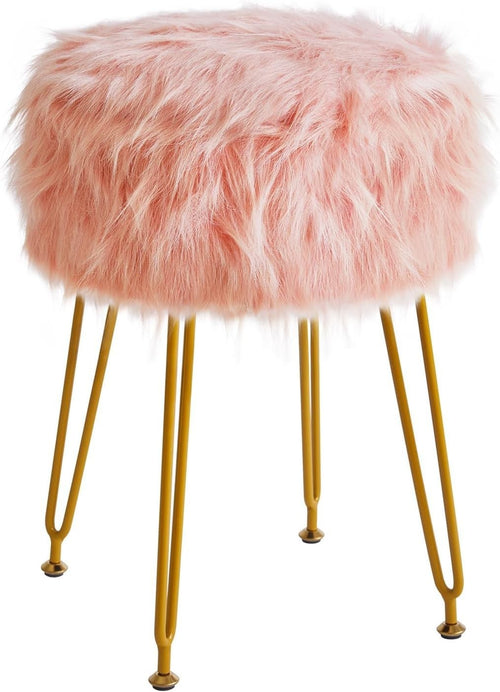 Pink Furry Round Vanity Stool with Storage – Soft Faux Fur Ottoman Seat