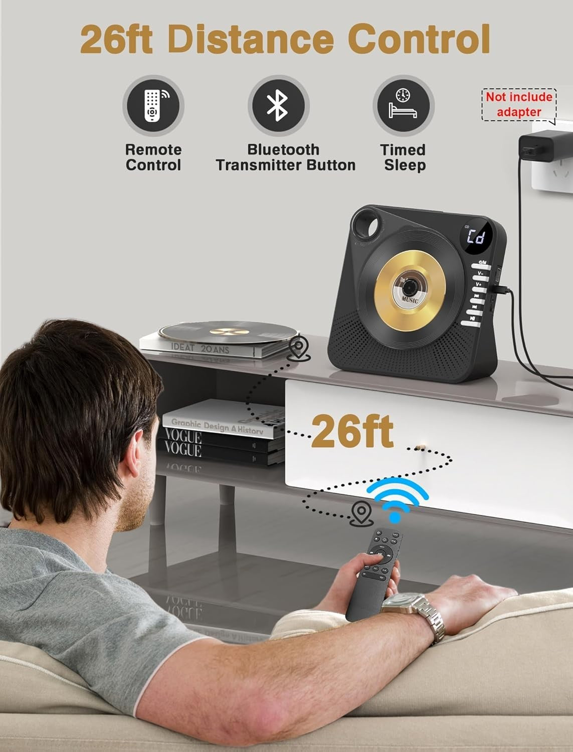 Bluetooth 5.1 CD Player w Speakers LED Display Remote USB AUX Black