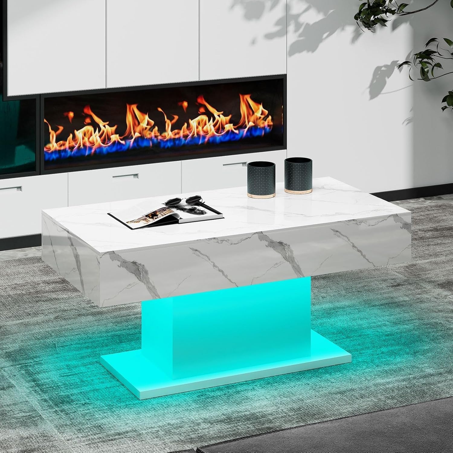 White Marble LED Coffee Table, High Gloss Rectangular 110x55cm