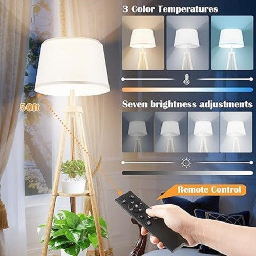 Wood Tripod Floor Lamp Dimmable LED with Shelves Remote Control Standing Light