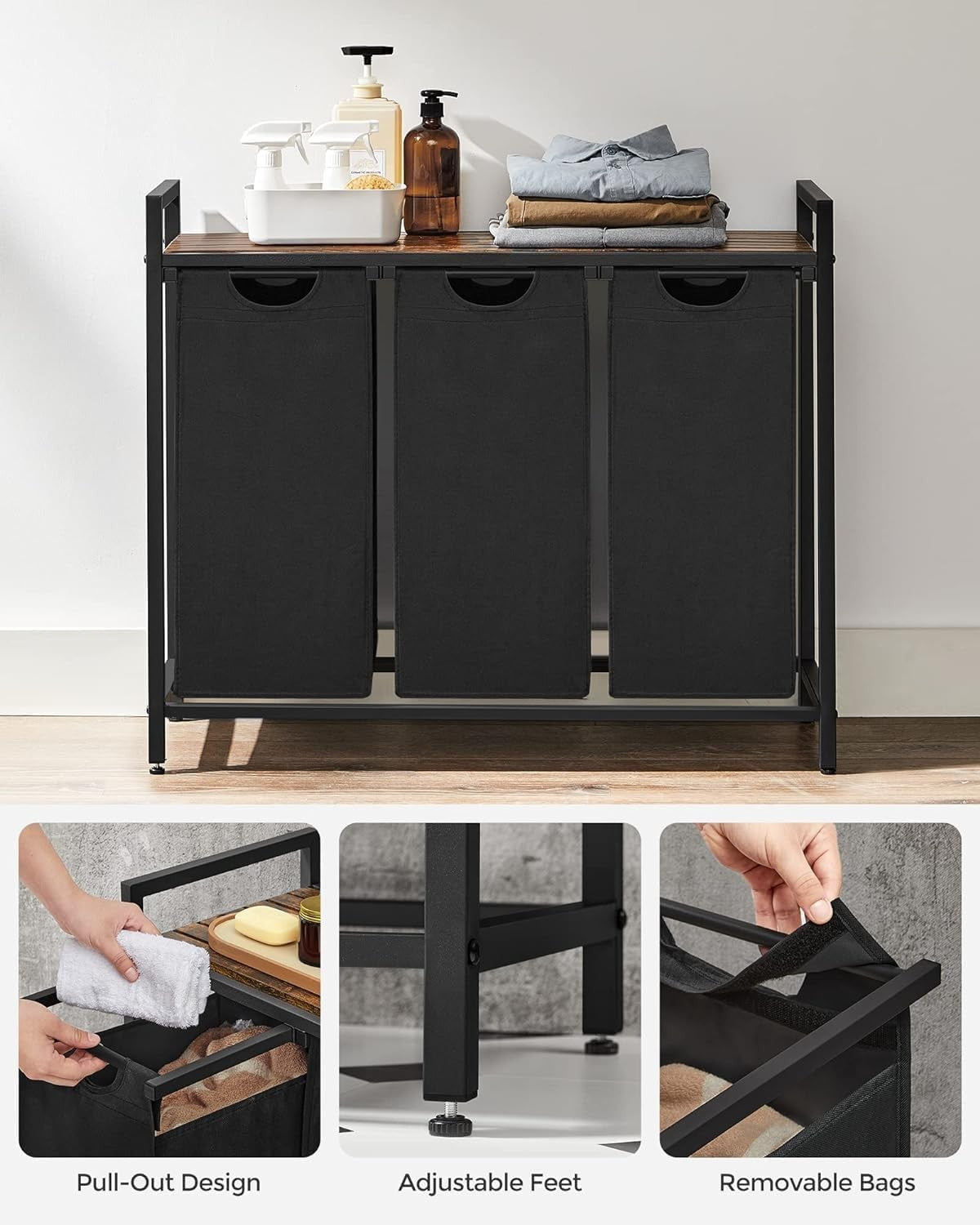 3 Compartment Rolling Laundry Sorter with Shelves Rustic Wood Metal Removable
