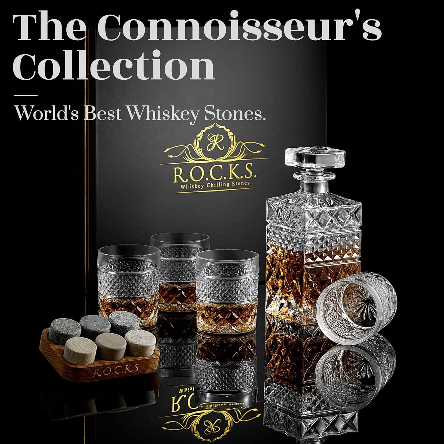 Whiskey Decanter Gift Set 4 Glasses Granite Chilling Stones Luxury 650ml Carafe