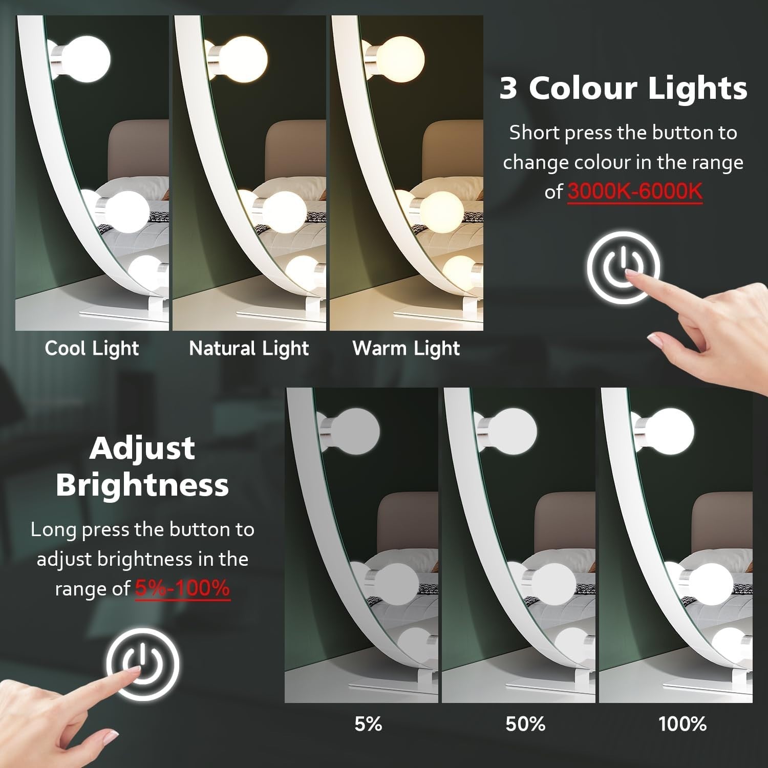 80cm Round Hollywood Vanity Mirror with 12 Dimmable LED Bulbs & Touch Control
