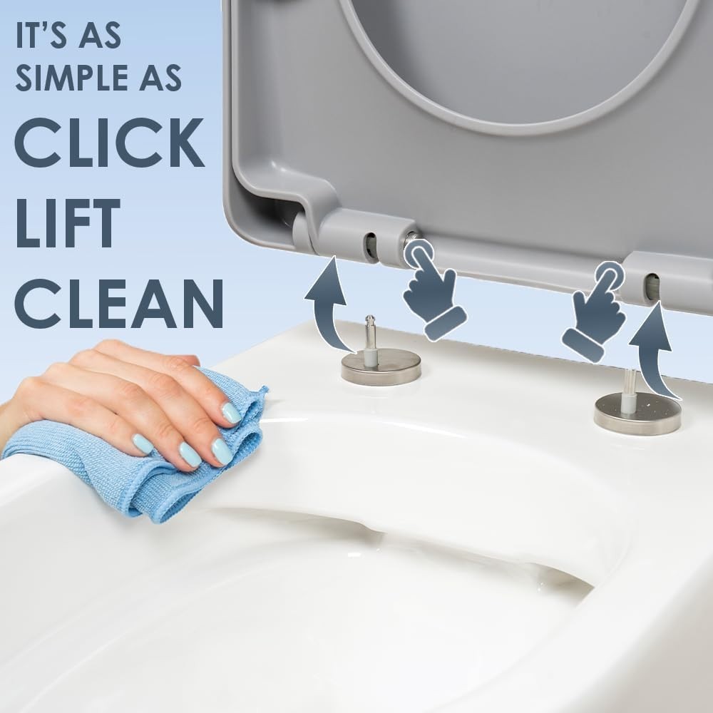 Grey D-Shaped Toilet Seat Quick Release Top & Bottom Fix 45x36cm