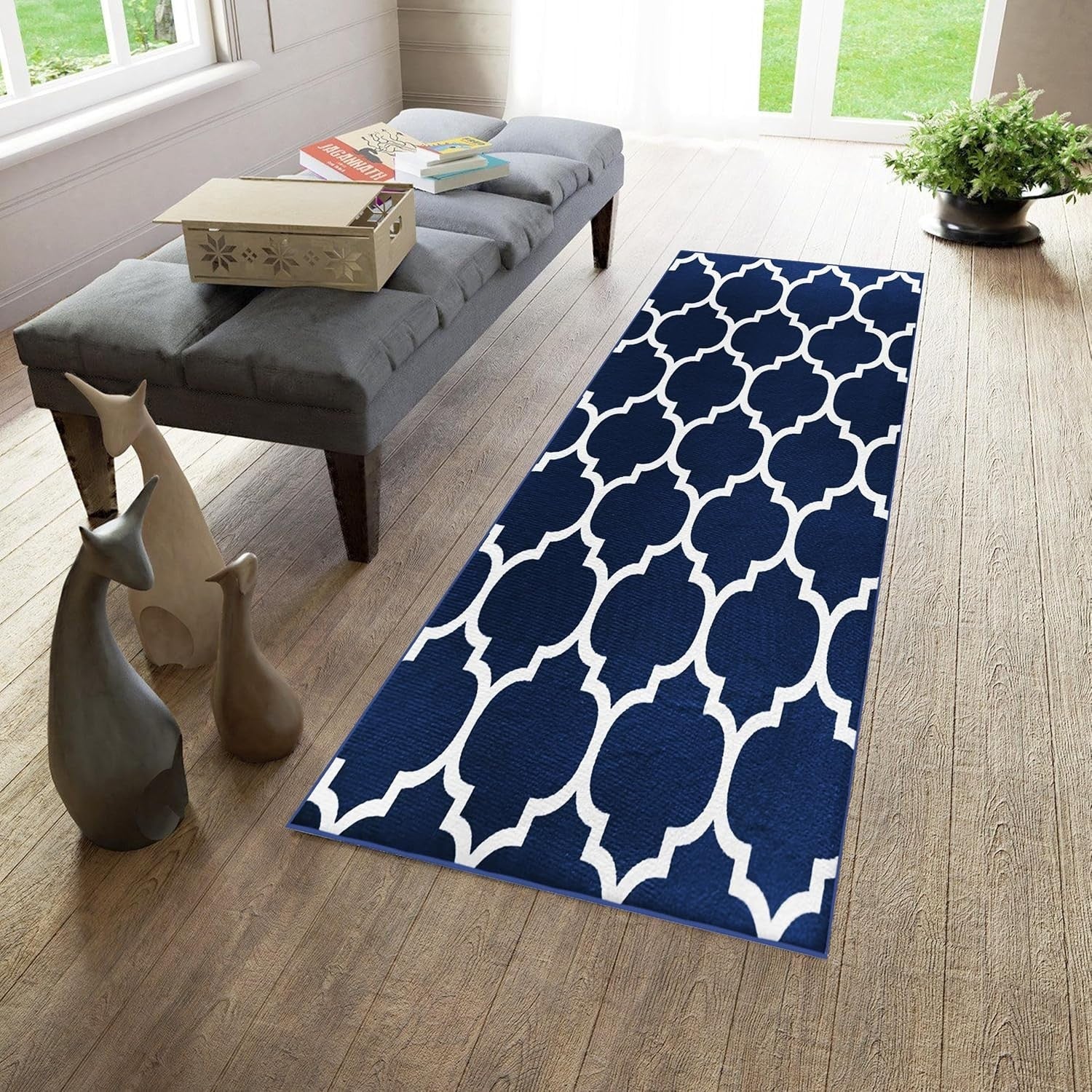 Navy Blue Runner Rug 80x300cm Non Slip Hallway Low Pile Geometric Carpet