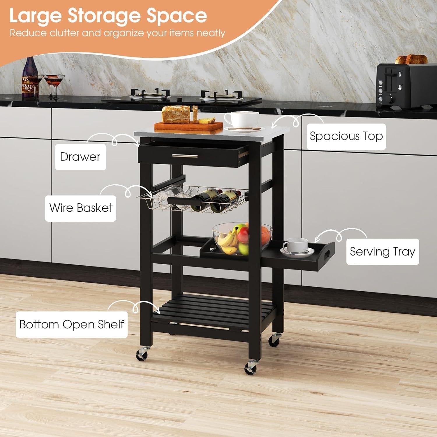 Black Kitchen Trolley on Wheels w/ Stainless Steel Top