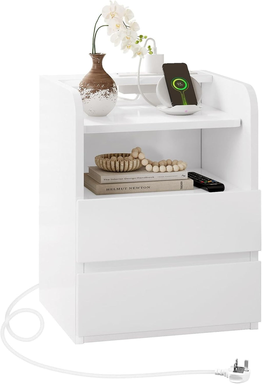 White Bedside Table with Charging Station – Modern Nightstand w/ Drawers & LED S