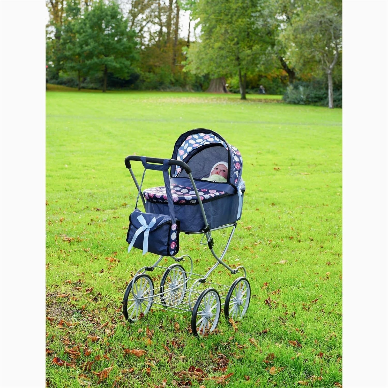 Blue Doll Pram Pushchair with Cot Adjustable Hood Basket Bag