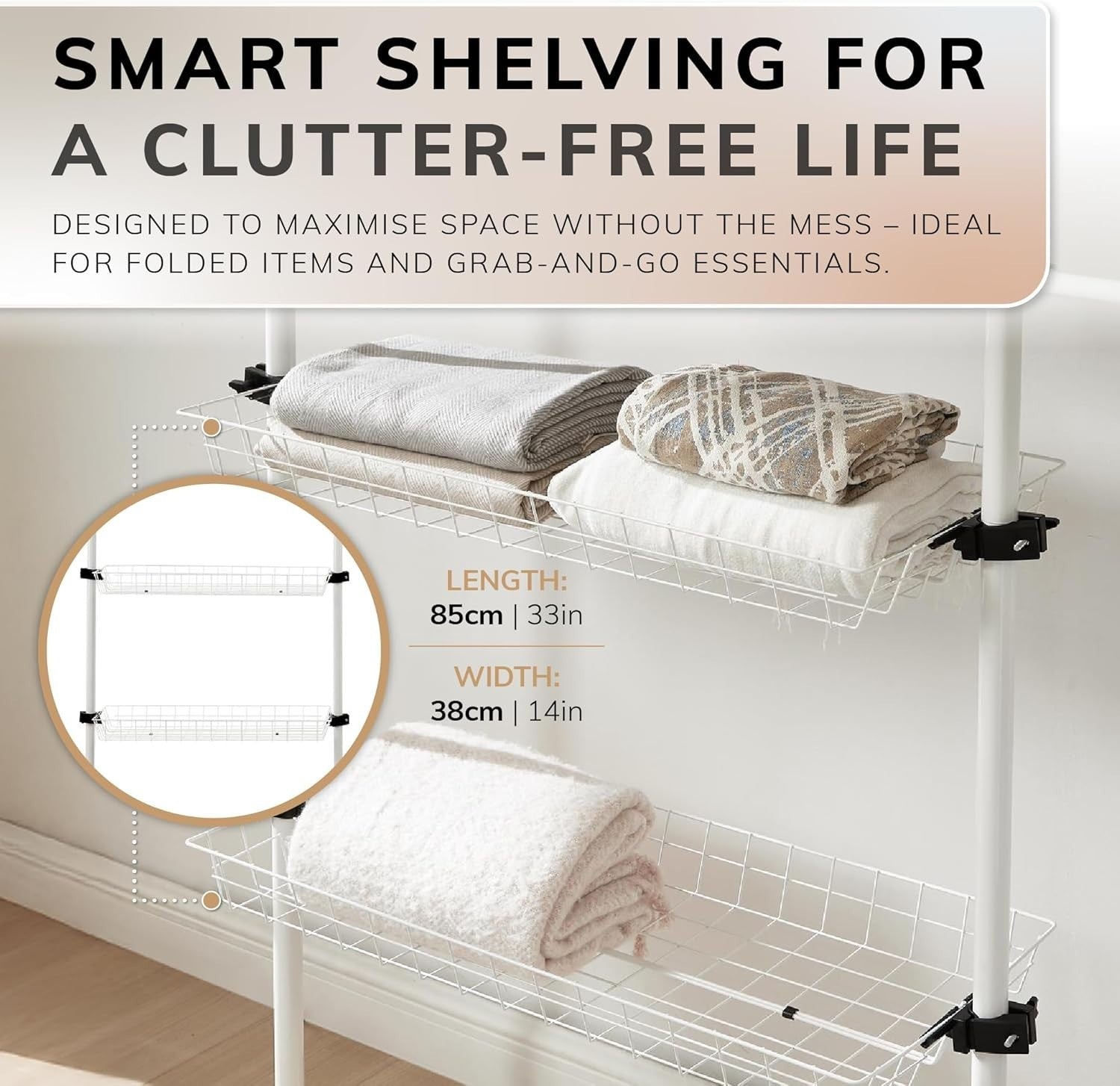 Double Telescopic Wardrobe Organiser with Baskets White
