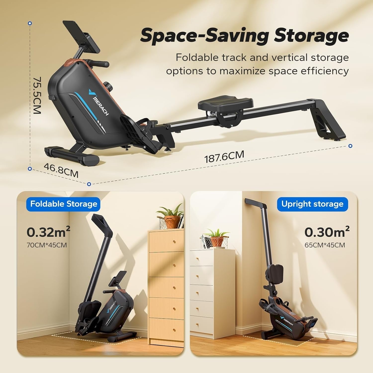 Foldable Magnetic Rowing Machine 40KG Resistance 130cm Rail App Smart Home Rower