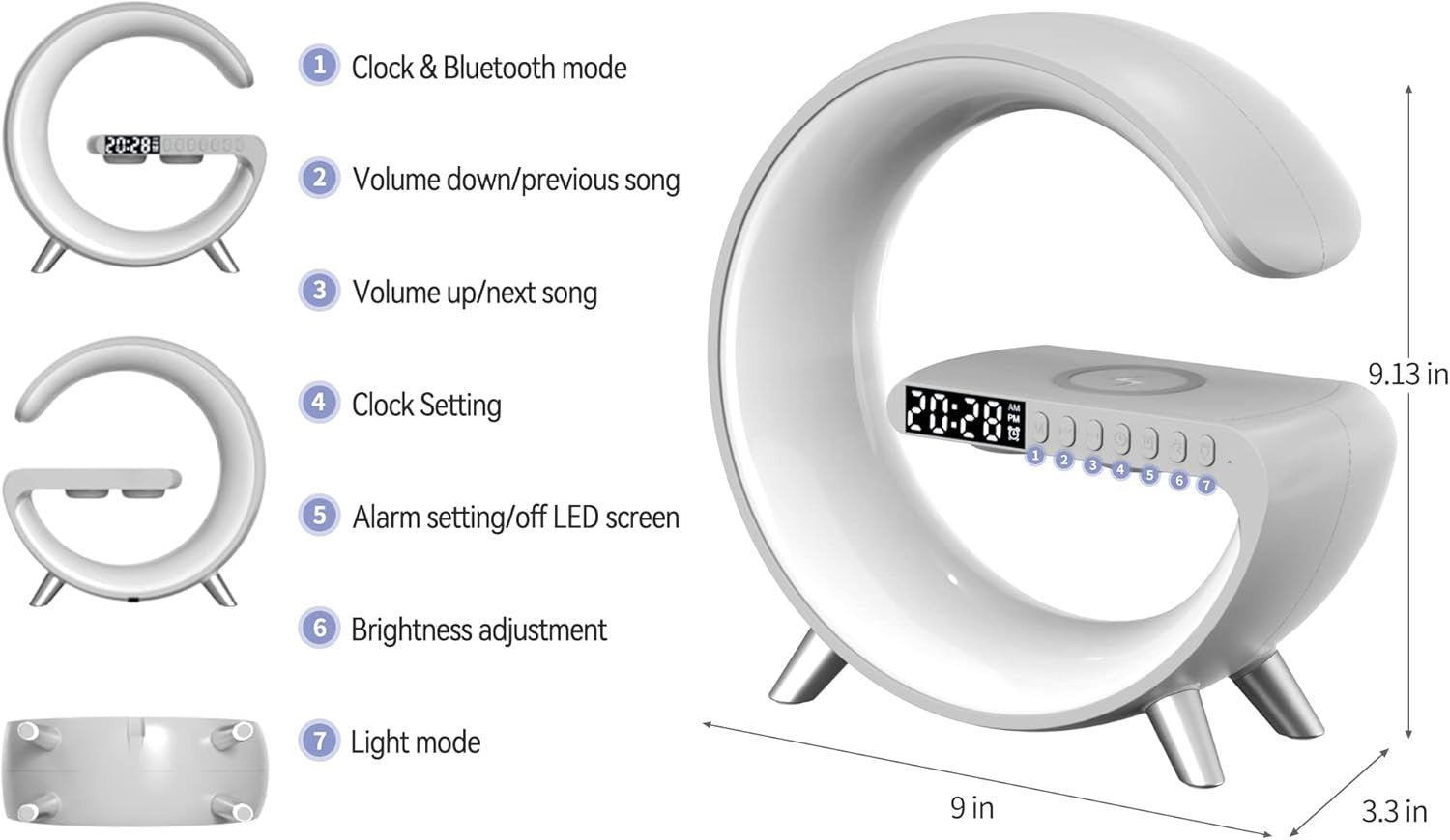 Smart LED Table Lamp Wireless Charger Bluetooth Speaker Alarm Clock