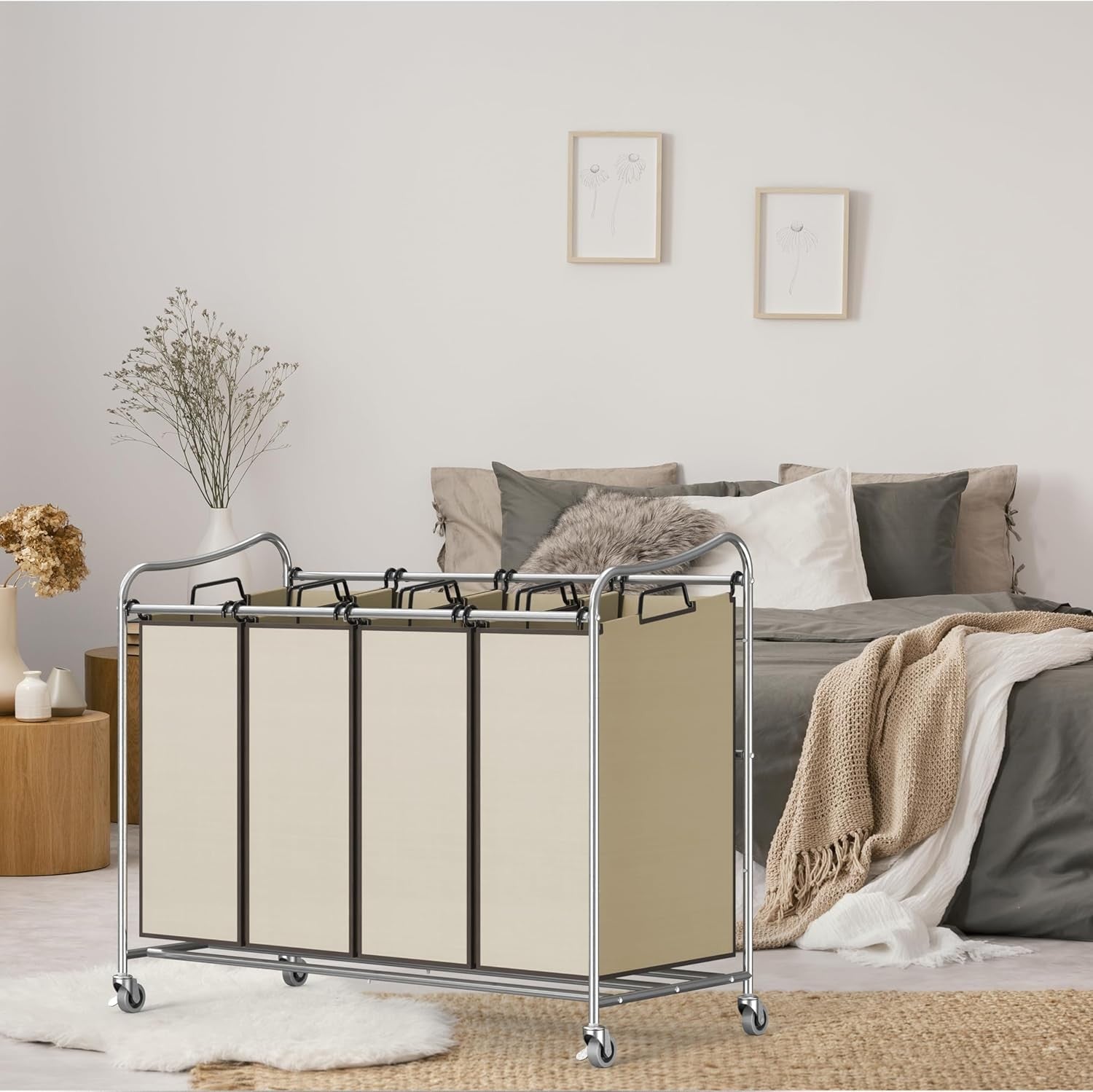 4 Bag Chrome Laundry Sorter Cart Heavy Duty with Wheels Removable Hampers