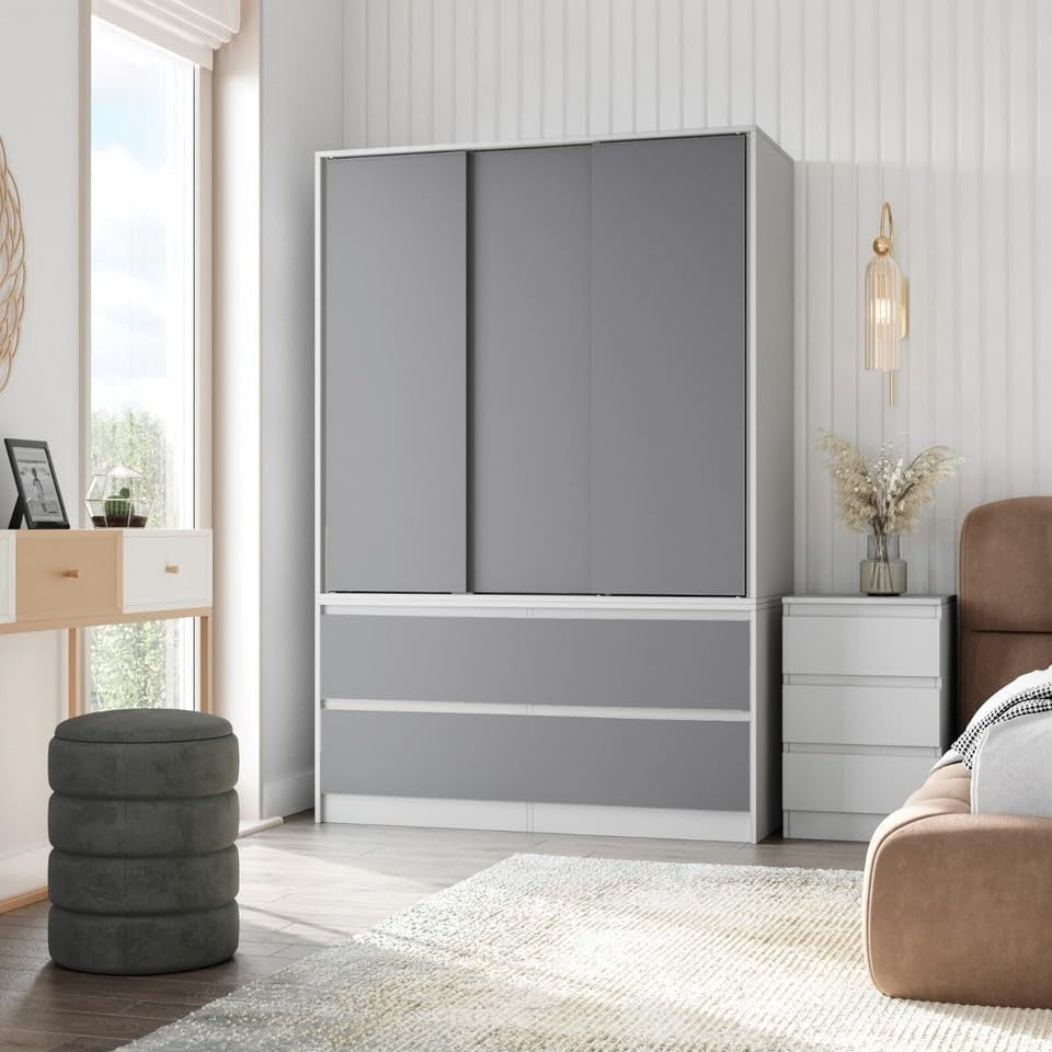 Grey Sliding Wardrobe with 4 Drawers Rail Storage Modern Bedroom Unit
