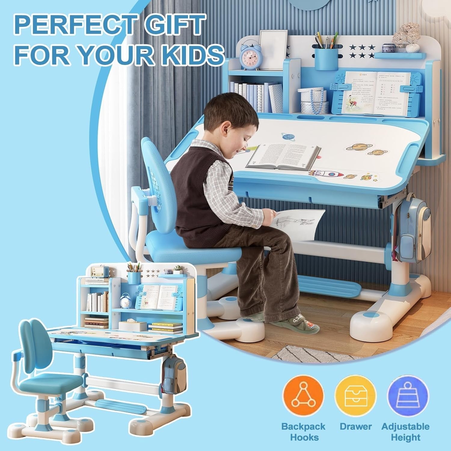 Adjustable Kids Desk & Chair Set w/ Tilting Top, Drawer & Posture Support