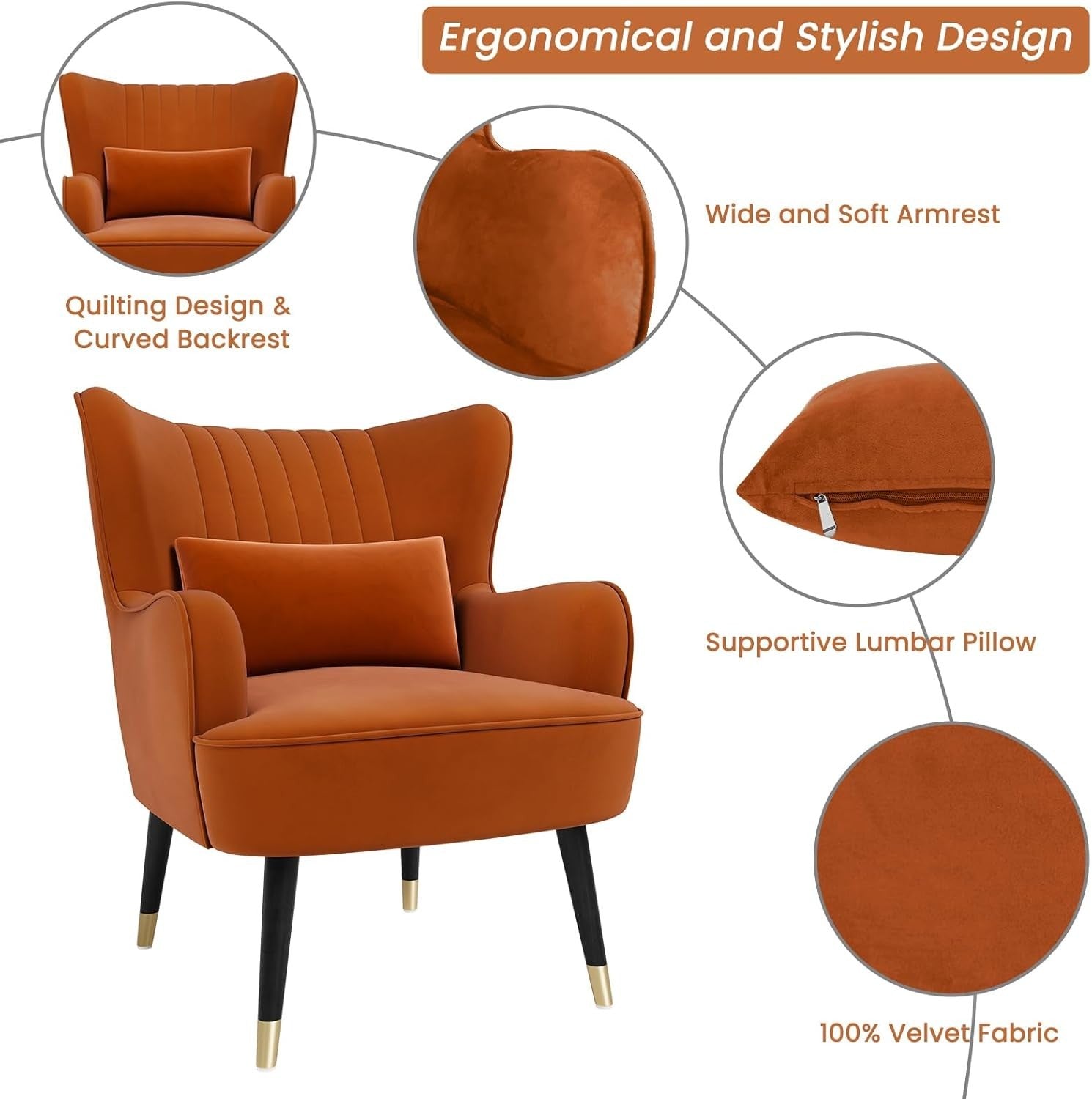 Luxury Velvet Accent Chair Armchair Lounge Wing Back for Living Room
