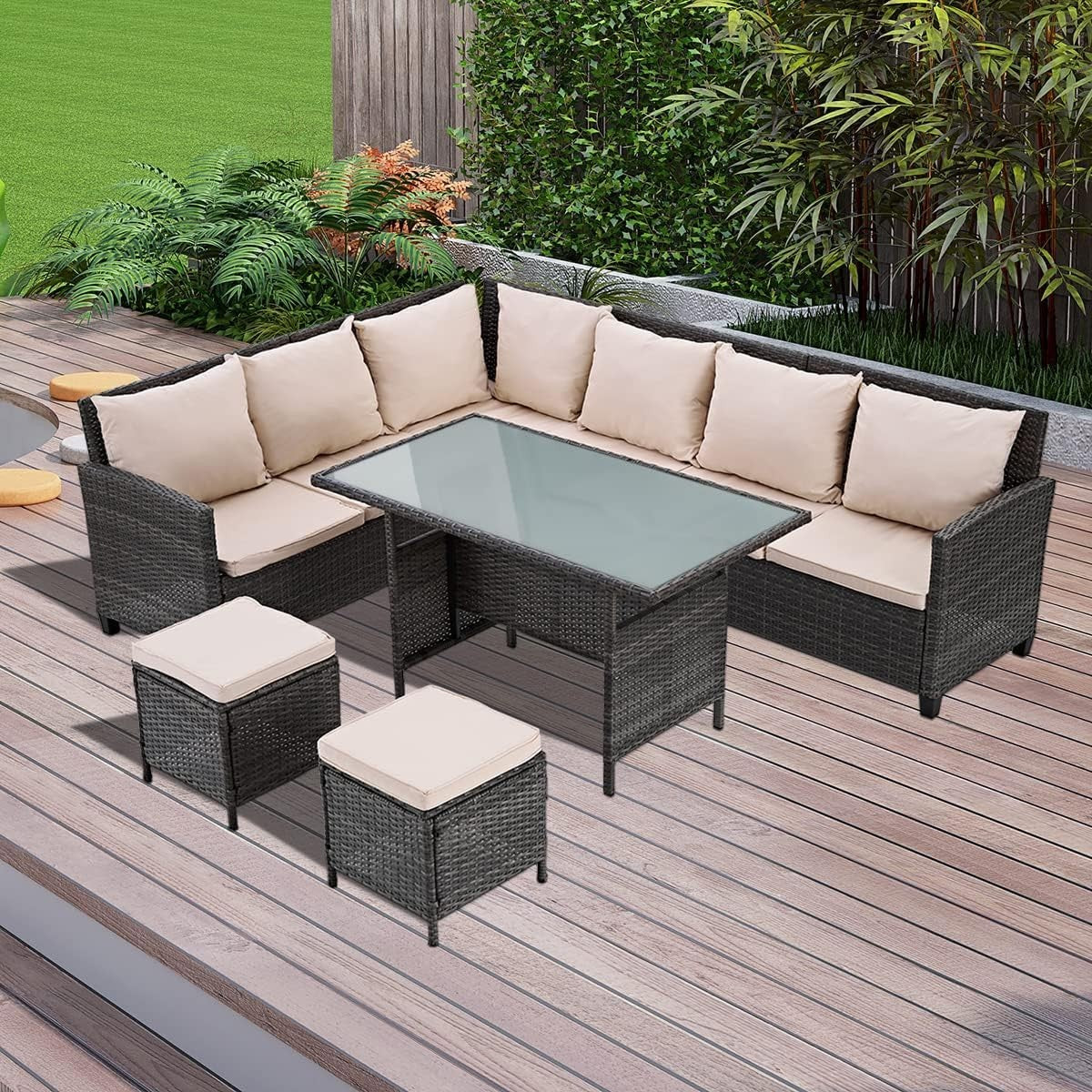8 Seater Rattan Corner Sofa Set Outdoor Garden Patio Table Stool Set