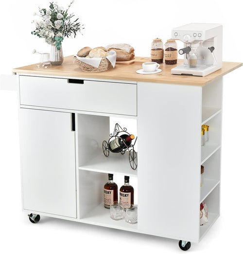 Kitchen Island Trolley Cart w/ Wheels, Foldable Worktop, Storage Shelves