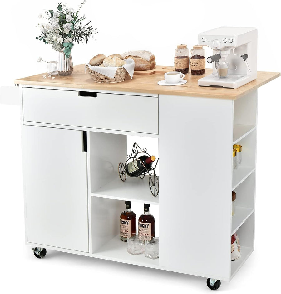 Kitchen Island Trolley Cart w/ Wheels, Foldable Worktop, Storage Shelves