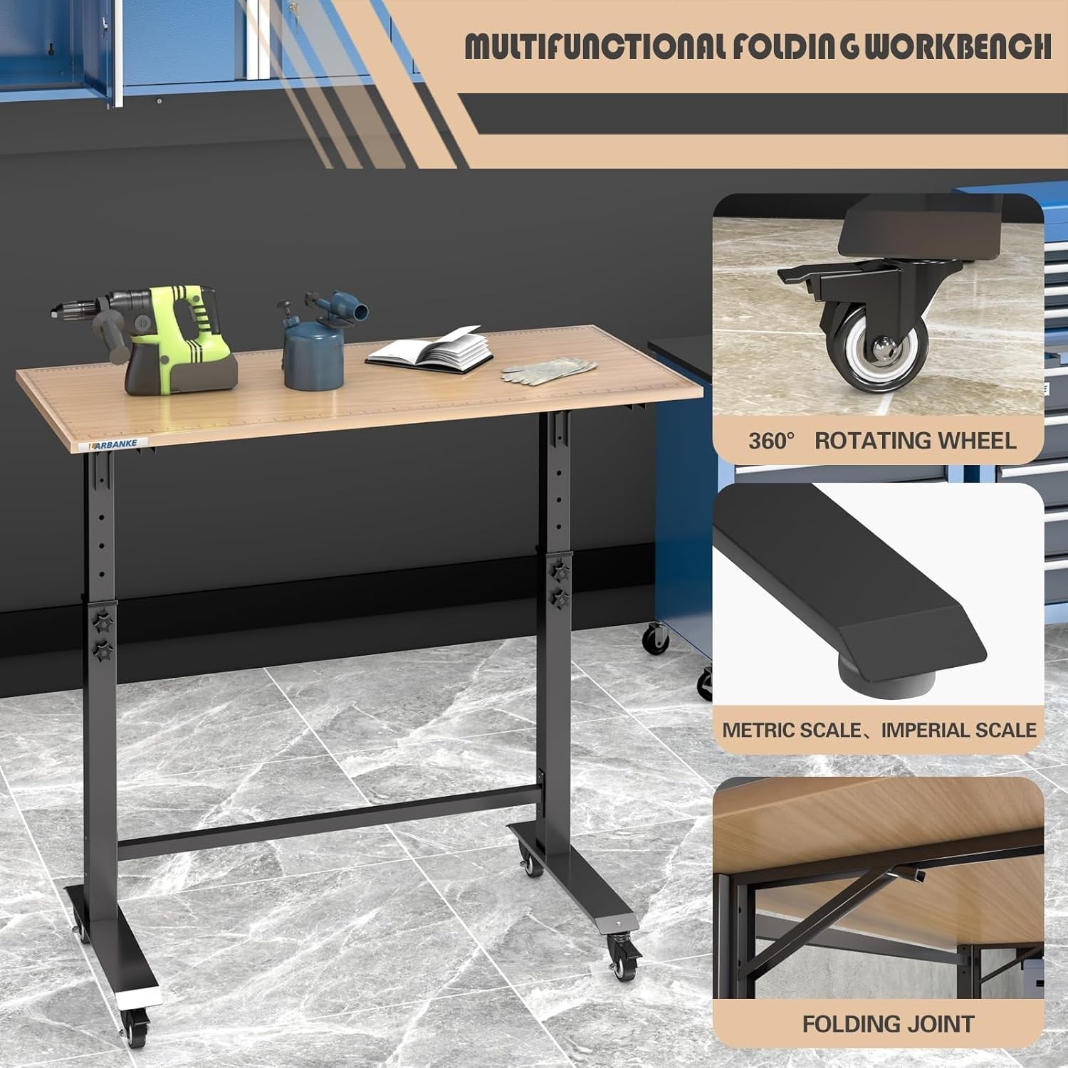110cm Folding Workbench Adjustable 85–105cm Wheels Brake Work Table Station