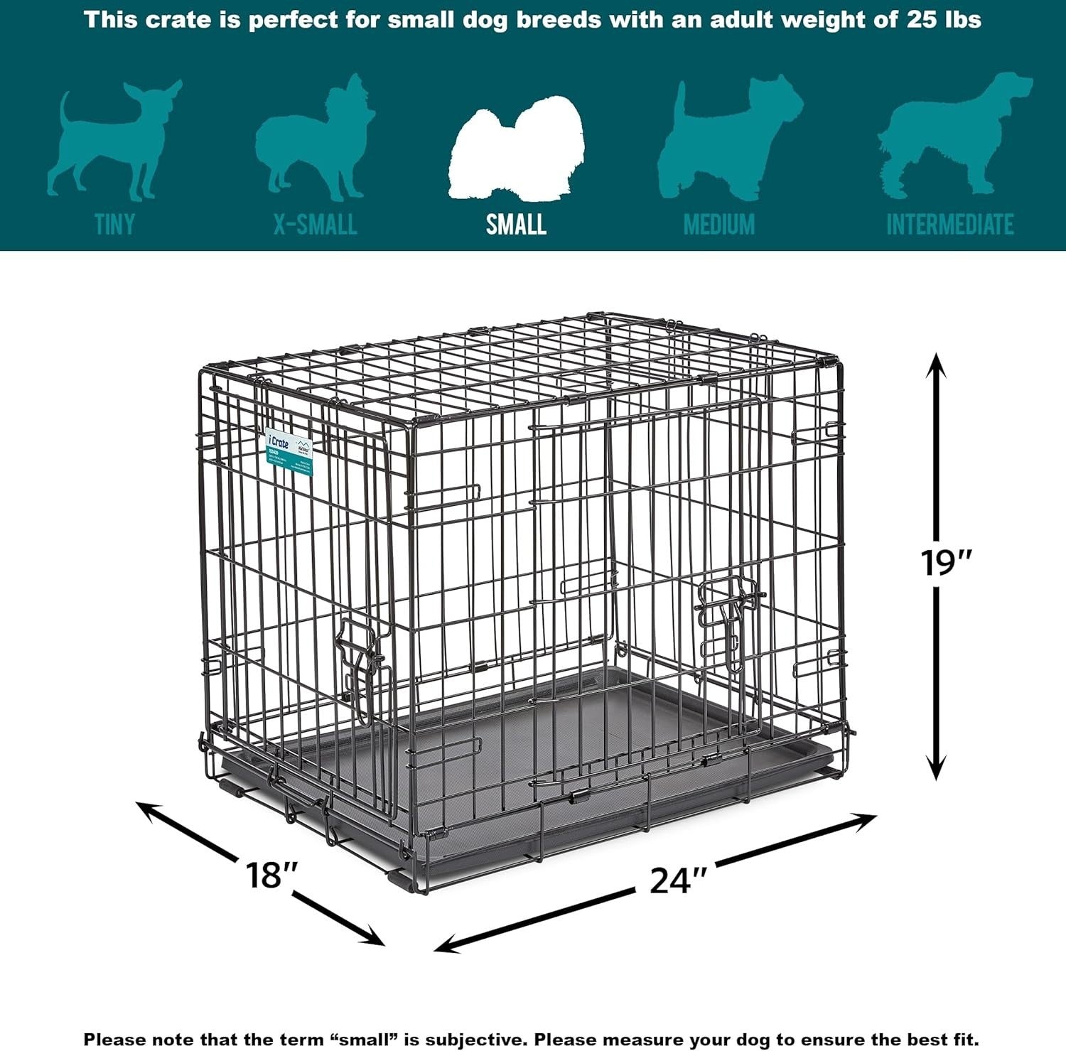 Double Door Small Dog Crate 24" Foldable Metal Cage with Divider, Leak-Proof Pan