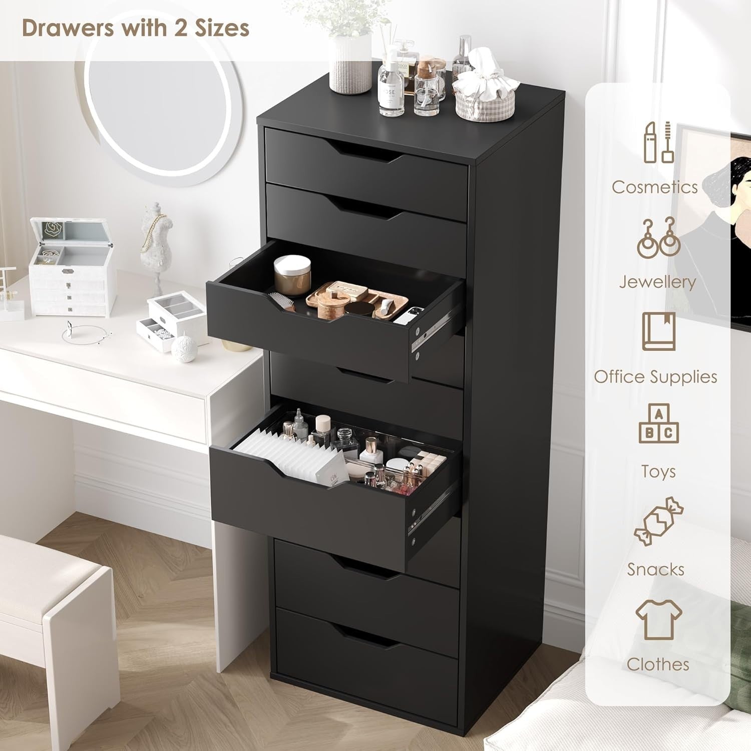Tall Black 9 Drawer Chest Storage Cabinet Dresser Unit 124x45x40cm Modern
