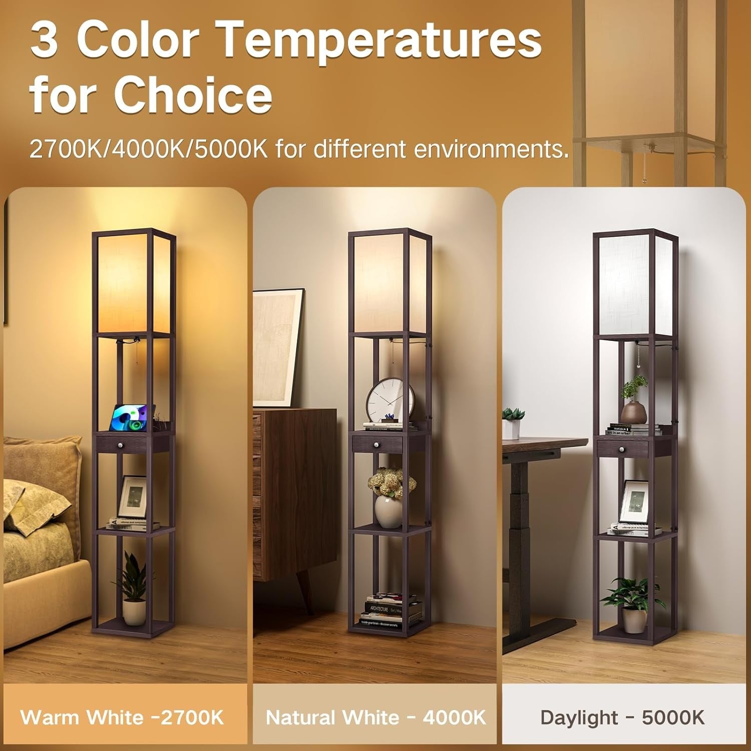 Floor Lamp with Shelves Drawer USB C LED Wooden Standing Storage Light