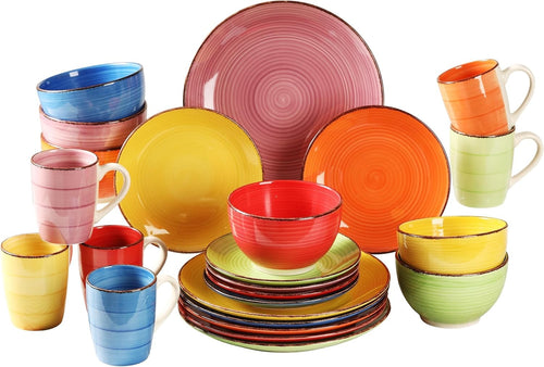 24pc Colourful Dinner Set Plates Bowls Mugs Hand Painted Stoneware