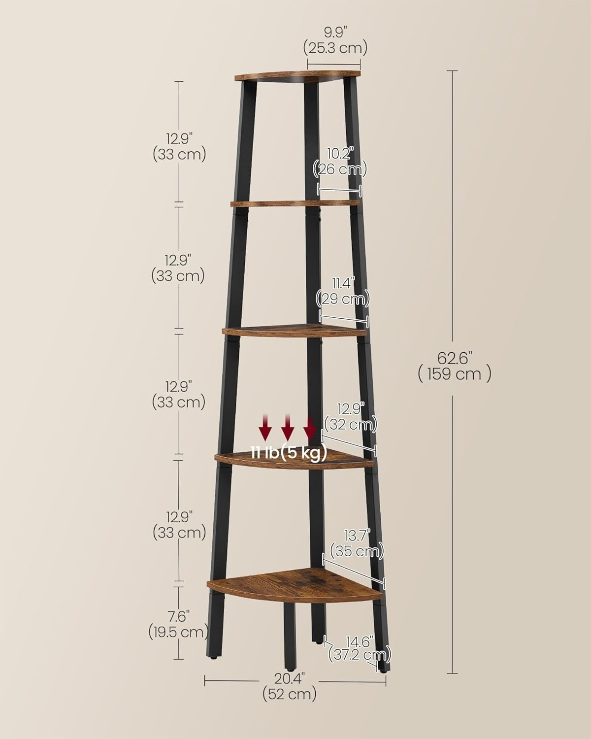 5 Tier Corner Shelf Ladder Bookcase Industrial Space Saving Plant Stand