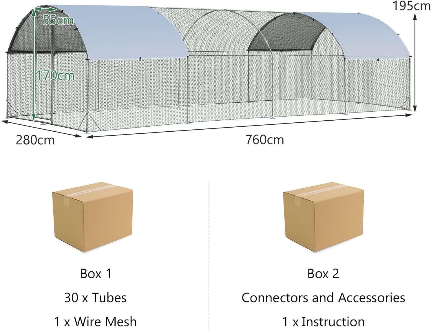 Extra Large Walk In Chicken Run 7.6x2.8m Galvanised Coop Cover