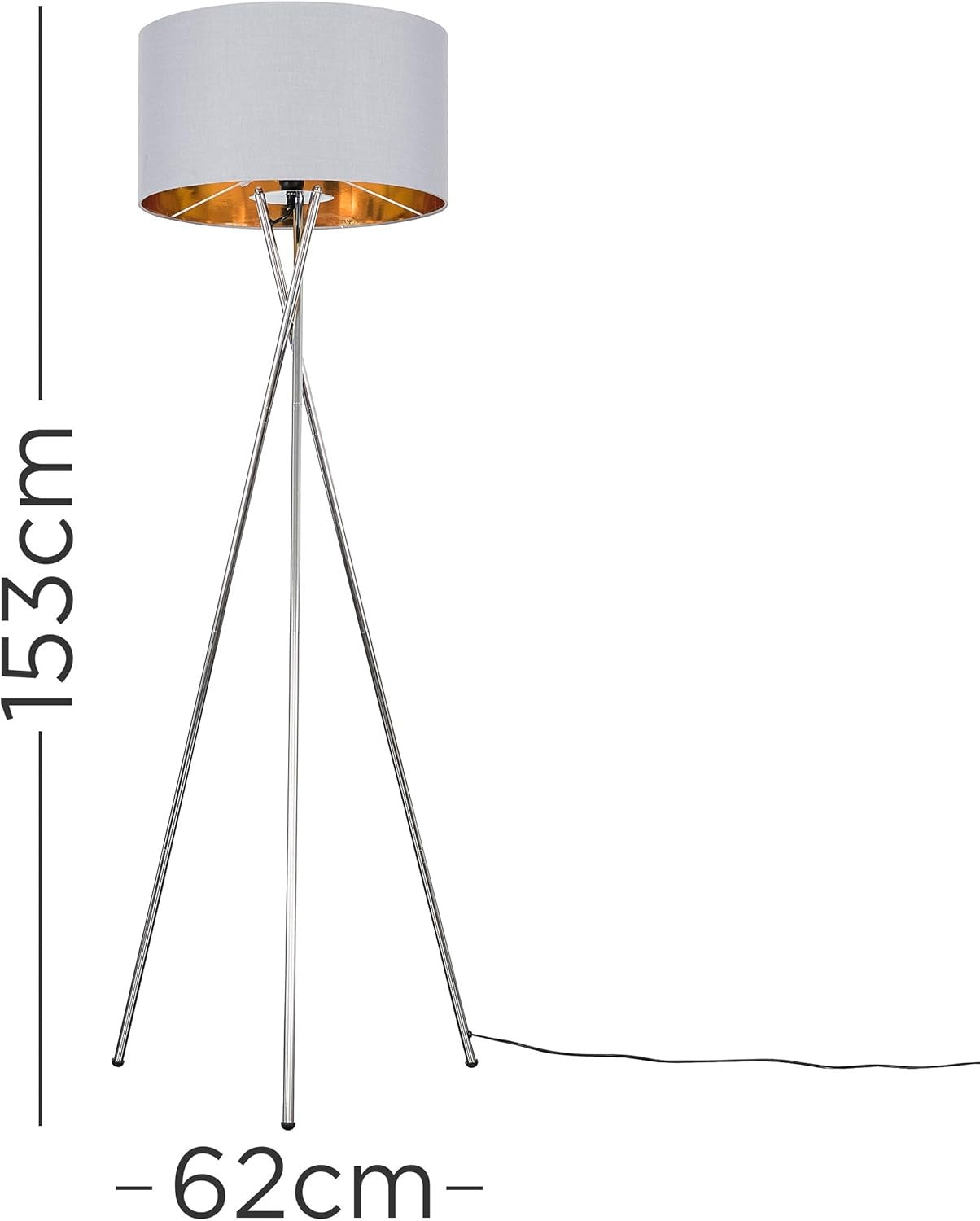 Polished Chrome Tripod Floor Lamp Grey Gold Shade Modern Standing Light