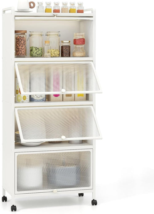 60x32x154cm White Rolling Kitchen Cabinet 5-Tier Pantry Storage with Wheels